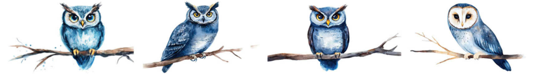 Naklejka premium Captivating of various species of owls perched gracefully on wooden branches against a serene minimalist nature backdrop Showcasing the owls mesmerizing eyes soft feathers