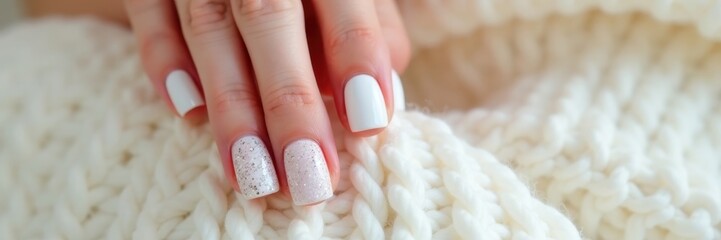 Subtle glitter detail on pristine white manicure against soft knit fabric, nail design, manicure ideas, simple nails