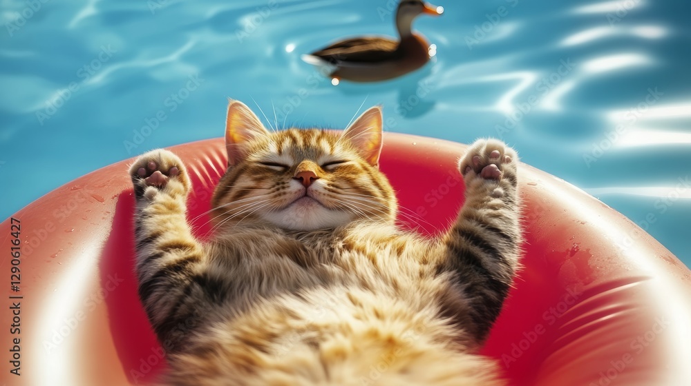 Poster cat is laying in a red inflatable pool. the cat is relaxed and he is enjoying the water