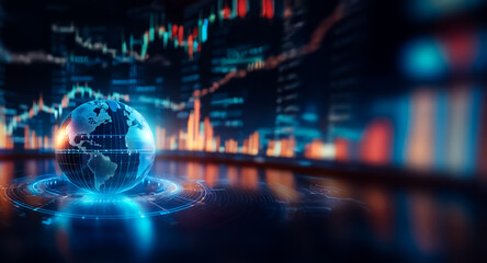 Naklejka premium Global network visualization with digital earth and glowing financial data charts in the backdrop, representing worldwide economy and stock market trends.