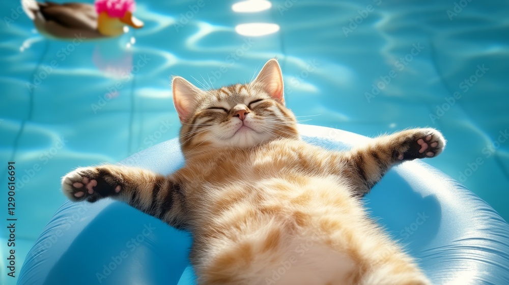 Poster cat is laying on a blue inflatable pool toy. the cat is relaxed and happy. the pool toy is floating 