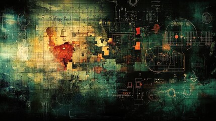 Obraz premium Mystical background featuring floating puzzle pieces and complex mathematical symbols