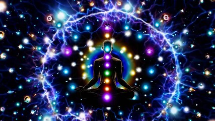 A mystical video concept featuring a silhouette meditating with chakras aligned, surrounded by vibrant cosmic lights. Top-down camera angle.