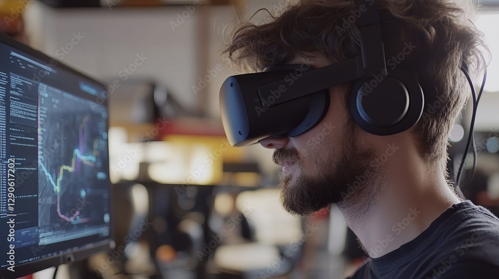 Poster focused programmer using virtual reality headset modern technology software development innovative d