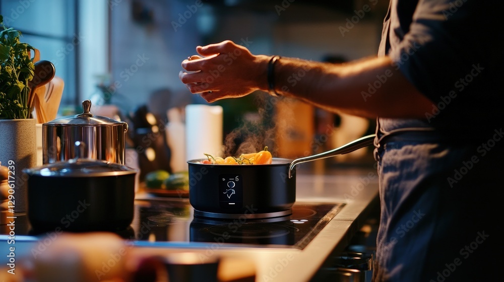 Poster a person interacting with a voice assistant while cooking, using voice commands to set timers, check