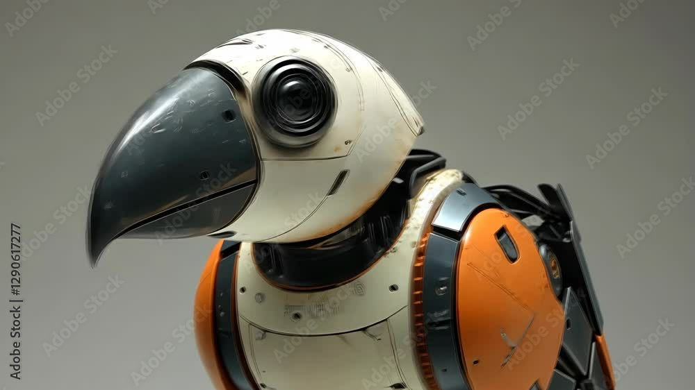 Poster robot bird design featuring a sleek, futuristic look with intricate details and a prominent beak in 