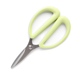 Scissors on white background. Gardening tools. Top view