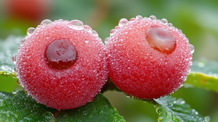 Close-up of dew-kissed red berries on branch, green leaves background