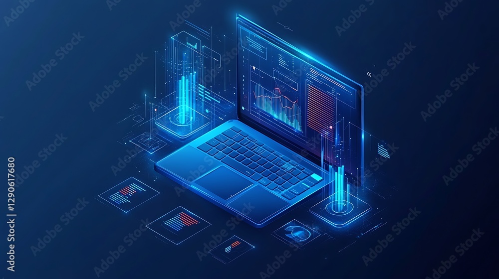 Poster futuristic laptop with data visualizations, a futuristic laptop with glowing graphics and data visua