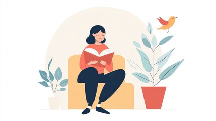 A person participating in a mental health self-care routine at home, including activities like reading, taking a walk, and engaging in creative hobbies.