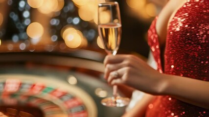 Woman in sparkly red dress holding champagne glass near roulette table. Luxury casino atmosphere with golden bokeh lights. Glamorous gambling entertainment for adults.