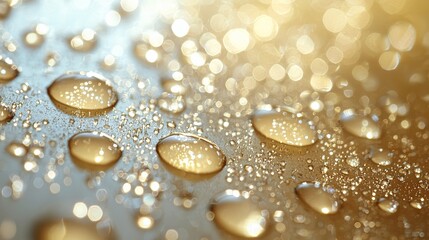 Droplets of water on a golden surface close-up photography indoor natural light abstract beauty macro viewpoint for captivating visuals