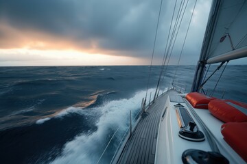 Fototapeta premium A sailboat is sailing in the ocean with a storm in the background. The sky is orange and the water is choppy