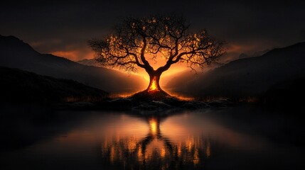 Naklejka premium Fiery tree silhouette at sunset reflecting in calm water.