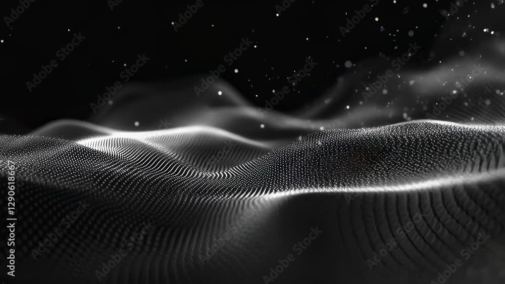 Poster abstract digital particle wave visualization in black and white. flowing dot landscape for technolog