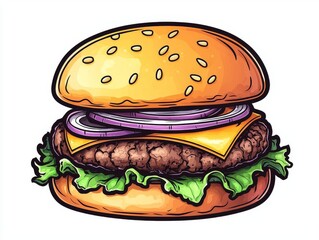 Delicious meat cheeseburger with fresh lettuce, onion, and cheese on a sesame seed bun.