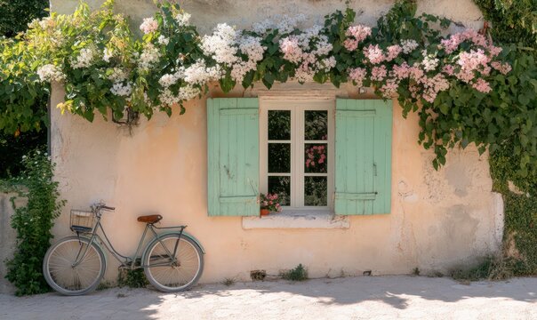 Charming Pastel House with Blooming Flowers and Vintage Bicycle