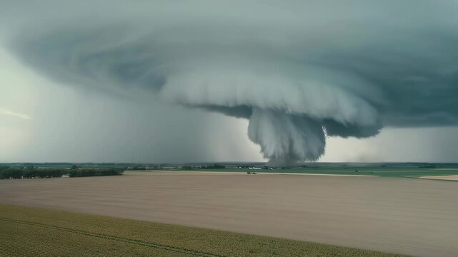 A massive tornado churns over open farmland, its ominous clouds spiraling downward, capturing the force and unpredictability of nature.