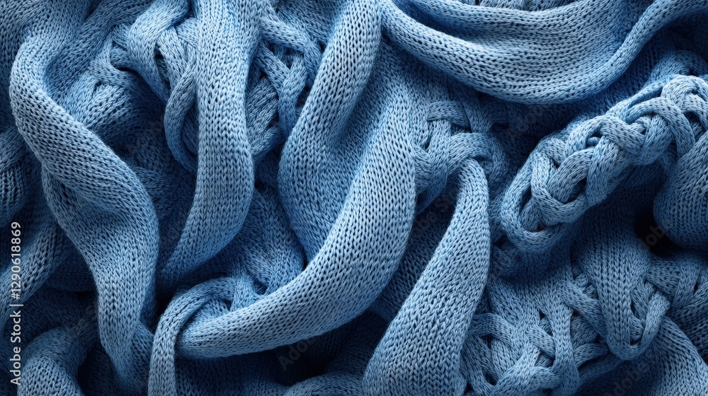 Poster a knitted fabric texture, with intricate patterns of loops and twists, forming a soft and cozy surfa