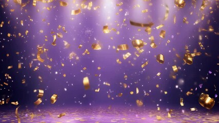 Golden confetti falling on purple background with spotlight effect. Luxury celebration scene for event announcement, award ceremony, gala or anniversary party design.