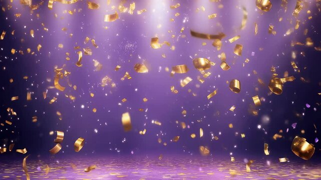 Golden confetti falling on purple background with spotlight effect. Luxury celebration scene for event announcement, award ceremony, gala or anniversary party design.