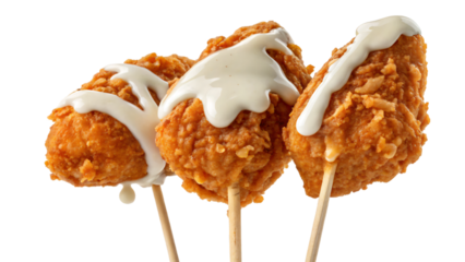 a fried chicken with white sauce isolated on white