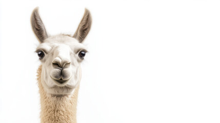 Obraz premium Llama head on white background, showcasing its unique features and expression. This realistic shot captures charm and character of this animal beautifully