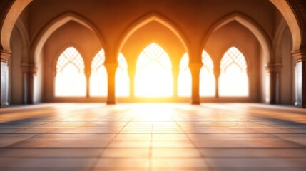 Obraz premium Sunlit Architectural Interior with Arched Windows and Floor Tiles