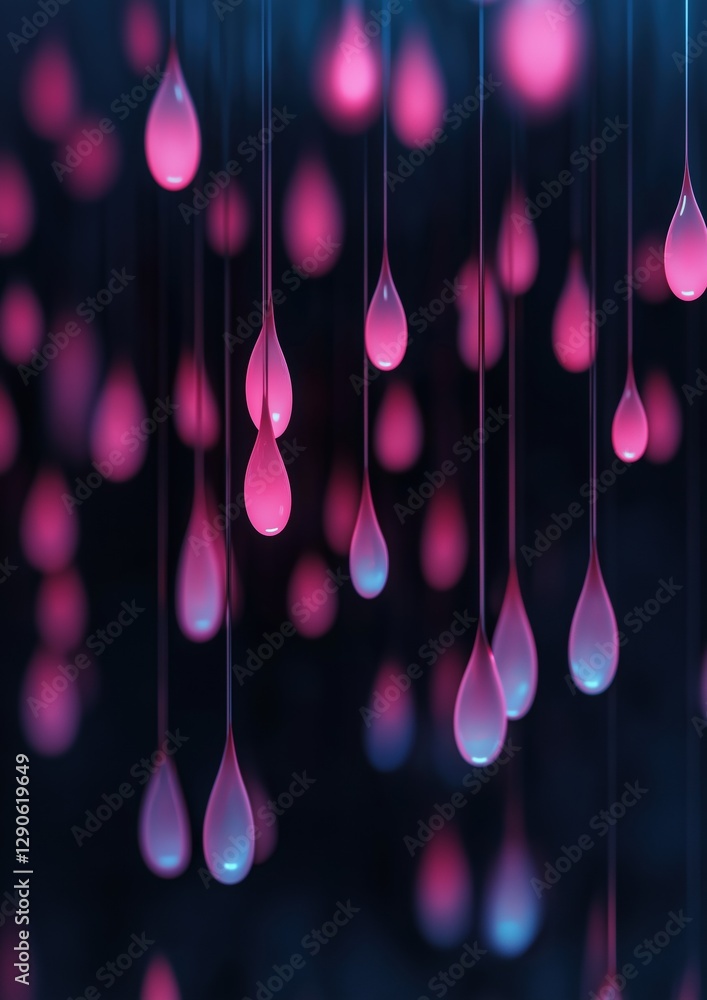 Poster close-up of a group of pink and blue raindrops hanging from strings. the raindrops are of different 