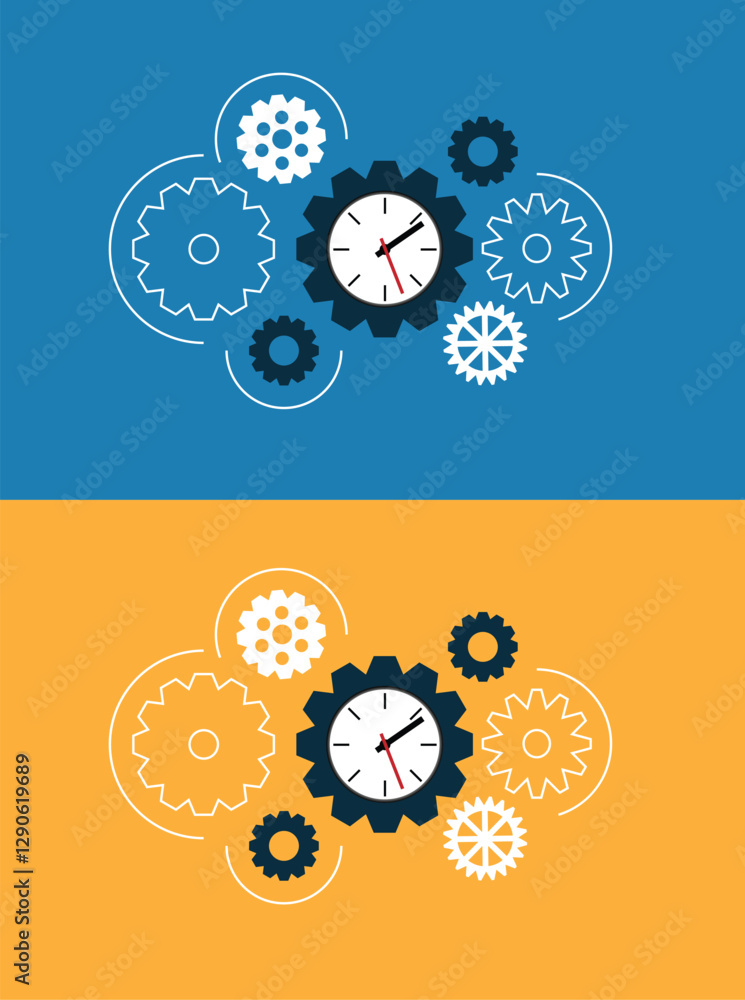 Poster tech cogwheels gear and clock flat style. technology in business and industry graphic design element