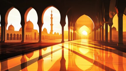 Sunlit Archways and Silhouettes at Dusk in Historic Mosque Setting