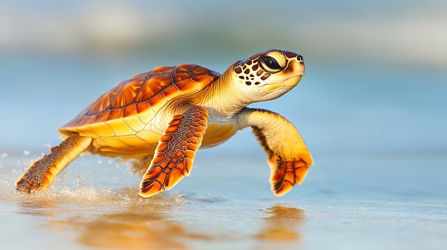 Baby Sea Turtle Crawling on Sandy Beach Towards Ocean Water on Sunny Day