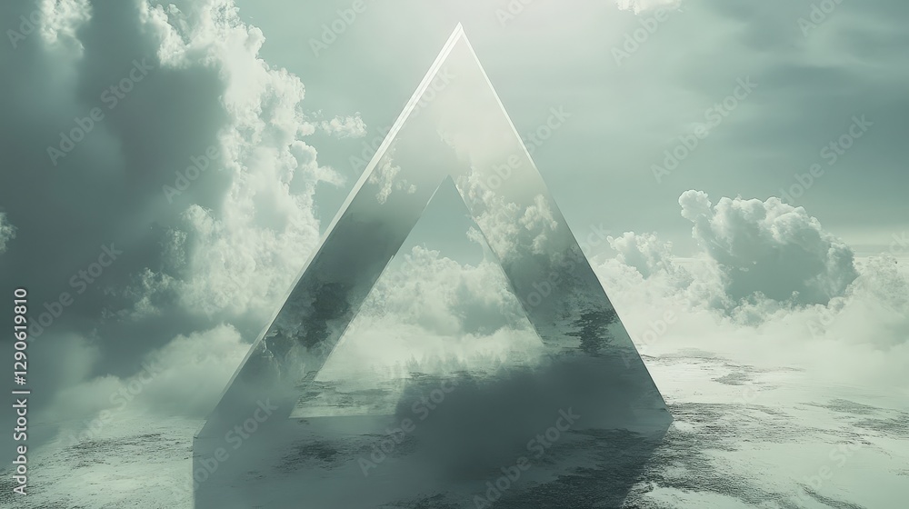 Poster a large, transparent triangle slicing through a cloudy sky, casting geometric shadows on the ground 