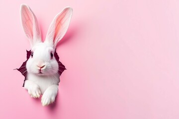 Obraz premium Playful White Rabbit Peeking Through Paper Hole on a Pink Background with Copy Space. Creative Easter concept.