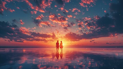 Fototapeta premium Couple Silhouetted Against a Vibrant Sunset Seascape.