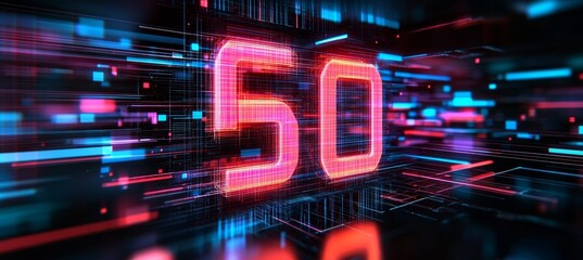 Glowing Red Neon Number 50 on Digital Abstract Technological Background 3D Illustration