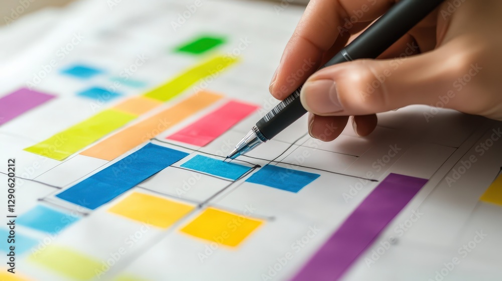 Poster a person using a project timeline tool, organizing milestones and deadlines for a complex task.