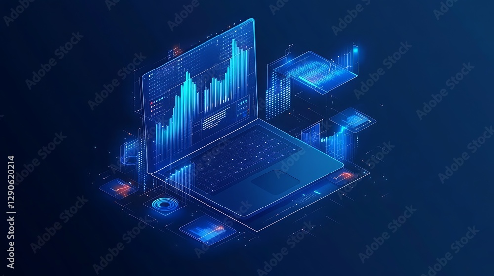Poster futuristic laptop with data visualizations, a futuristic laptop with glowing graphics and data visua