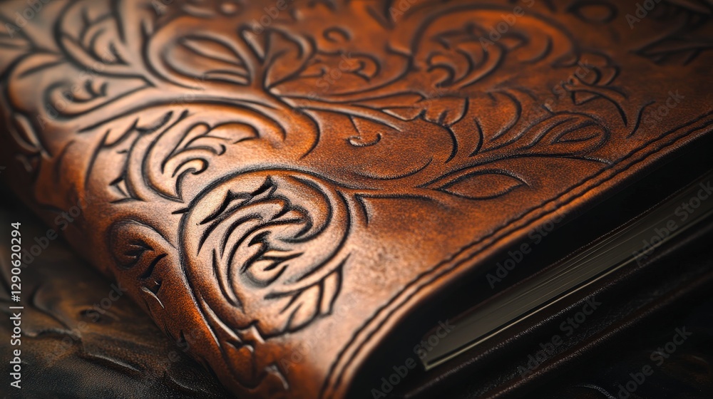 Poster a leather-bound journal texture, with embossed patterns and a smooth surface giving it a classic, ti