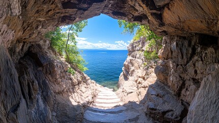 Cave Opening on Steps Leading to Lakeside, Sunny Day, Tourist Destination,  Background View