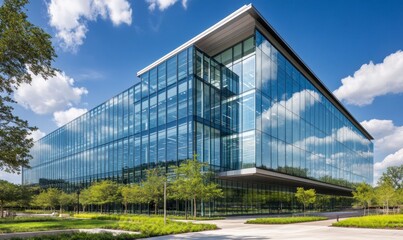 Modern glass building with green trees and blue sky in the background, featuring an eco-friendly office environment. The architecture is sleek and contemporary