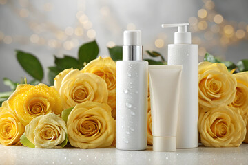 Cosmetic Tubes Arranged Elegantly With Fresh Yellow Roses in a Soft Light Setting