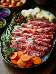 Fototapeta premium Gourmet platter with fresh meats and vegetables for grilling