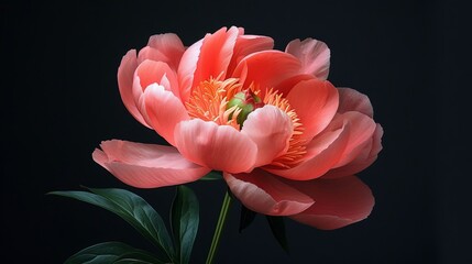 Exquisite Coral Peony Blossom Close Up Floral Dark Background