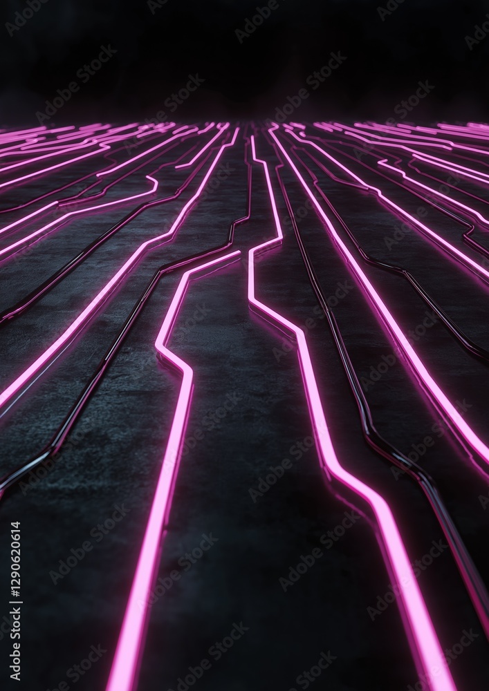 Poster abstract digital art piece with a dark background. the focal point of the image is a long, straight 