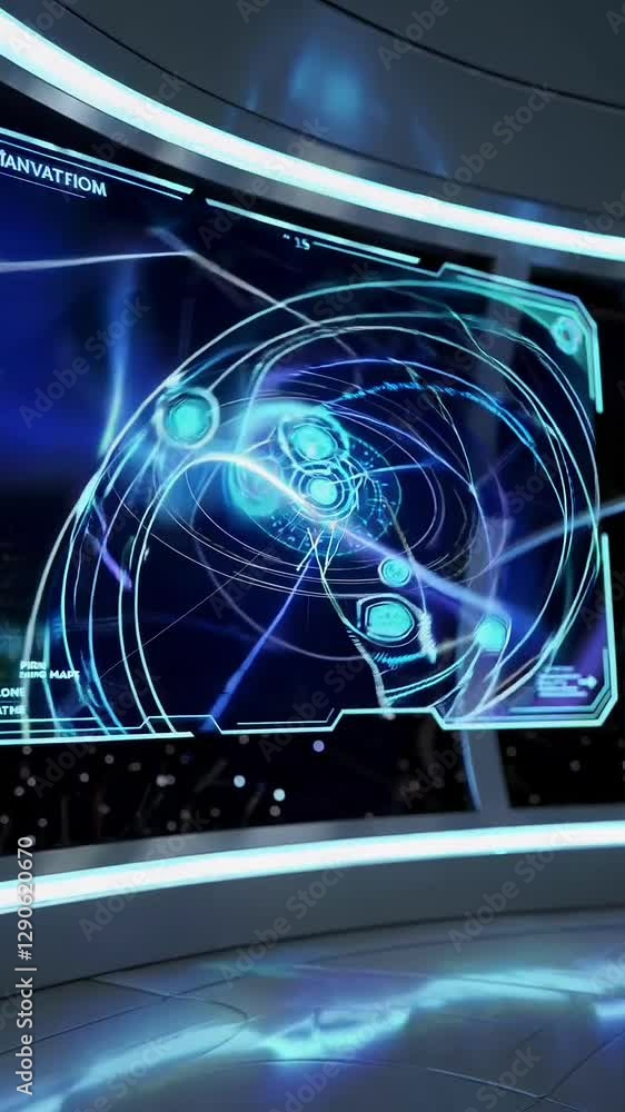 Poster futuristic space navigation interface displaying dynamic orbital paths and celestial movements