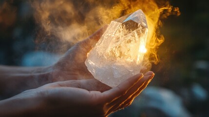 A person using an energy wand made of clear quartz to channel healing energy into their body, enhancing their well-being and energetic alignment.