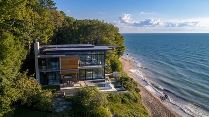 Modern Living Room With Panoramic Windows Overlooking a Sunset on the Lake in a Serene, Contemporary Home