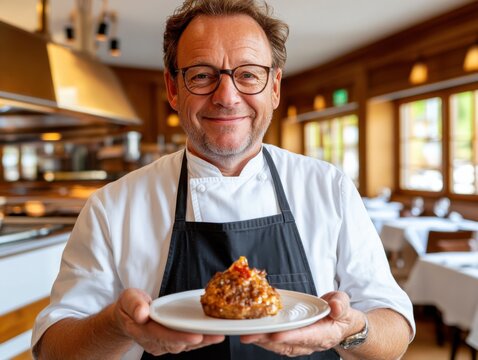 Capture the essence of culinary confidence with this image of a smiling man presenting his personal design Experience the soft and clear lighting highlighting the intricate details of the dish and