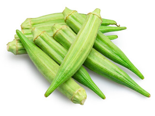 Fresh picked okra green seed pods isolated on white background. File contains clipping path.